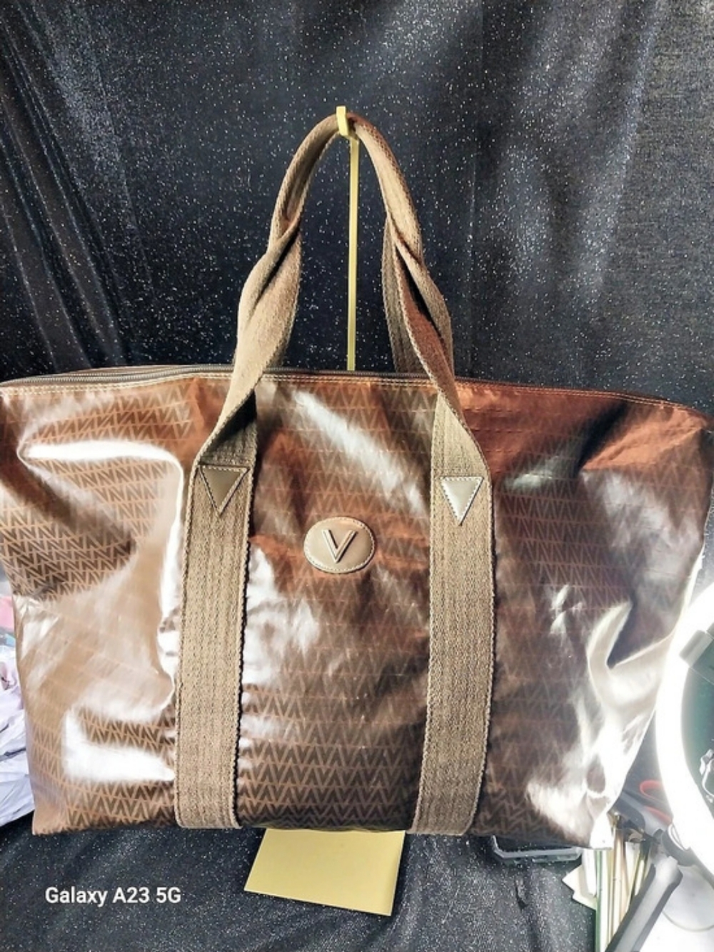 Mario Valentino Brown Geometric Tote Gold-Tone Hardware Zipper Closure